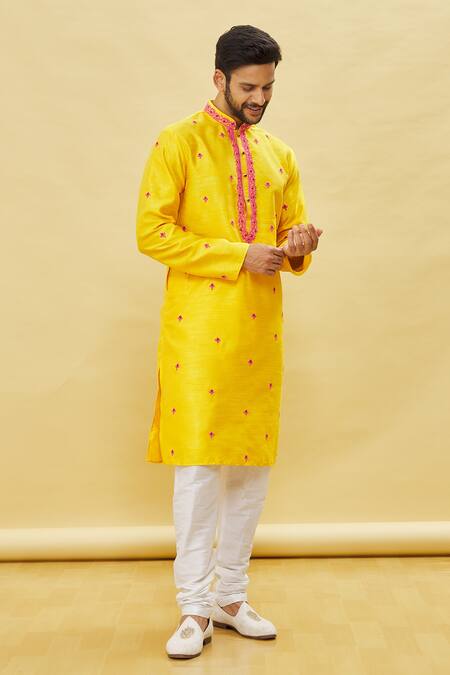 Buy Arihant Rai Sinha Yellow Silk Embroidery Floral Kurta And Churidar Set Online at Aza Fashions Buy_Arihant Rai Sinha_Yellow Silk Embroidery Floral Kurta And Churidar Set _Online_at_Aza_Fashions