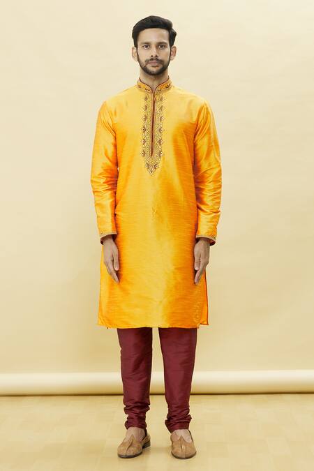 Arihant Rai Sinha_Orange Silk Embroidery Straight Solid Kurta And Churidar Set_Online_at_Aza_Fashions