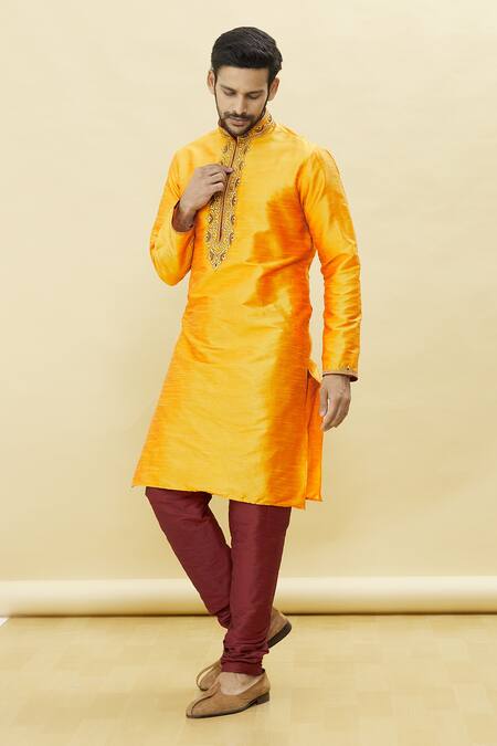 Buy_Arihant Rai Sinha_Orange Silk Embroidery Straight Solid Kurta And Churidar Set_Online_at_Aza_Fashions