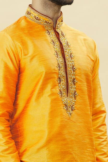 Shop_Arihant Rai Sinha_Orange Silk Embroidery Straight Solid Kurta And Churidar Set_Online_at_Aza_Fashions