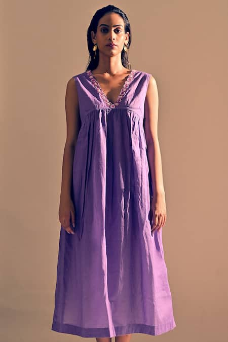 Theroverjournal Purple Cotton Embroidered Floral V Neck Placed Dress  