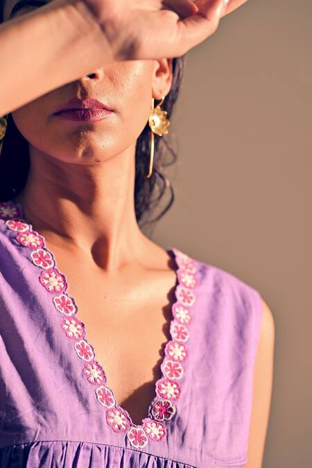 Theroverjournal_Purple Cotton Embroidery V-neck Placed Dress_Online_at_Aza_Fashions