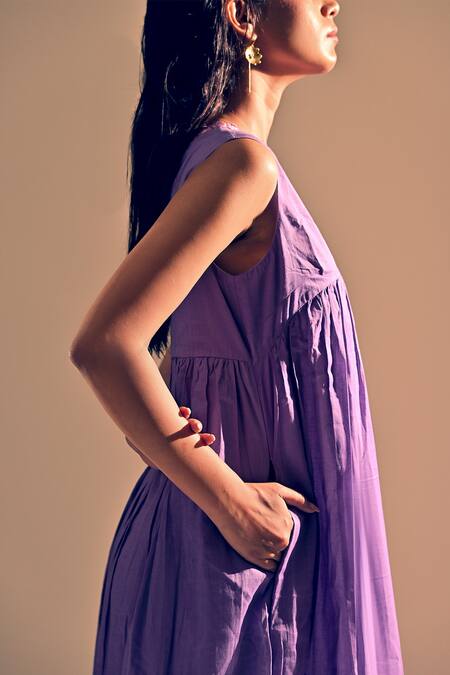 Shop_Theroverjournal_Purple Cotton Embroidery V-neck Placed Dress_Online_at_Aza_Fashions