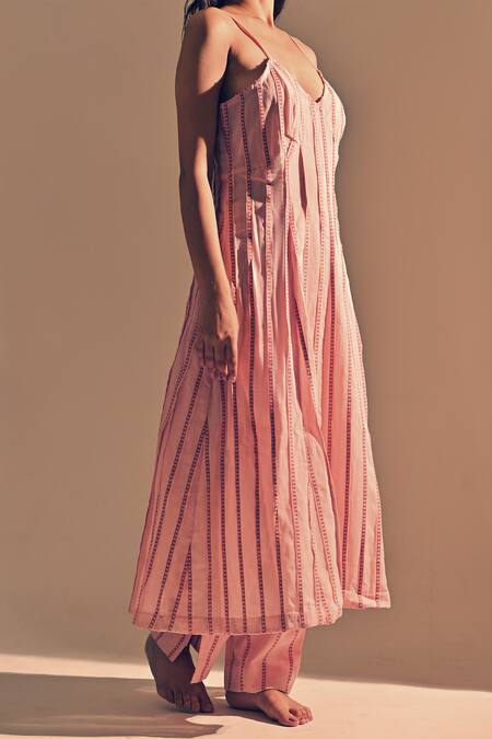 Theroverjournal_Pink Cotton Step Ladder V Neck Strappy Pattern Dress_Online_at_Aza_Fashions