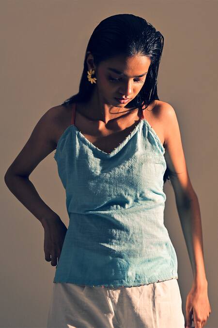 Theroverjournal Sky Blue Cotton Solid V Neck Gathered Strappy Top 