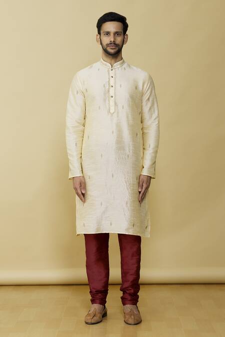 Samyukta Singhania_Beige Silk Metallic Thread Resham Embroidered Kurta Set_Online_at_Aza_Fashions