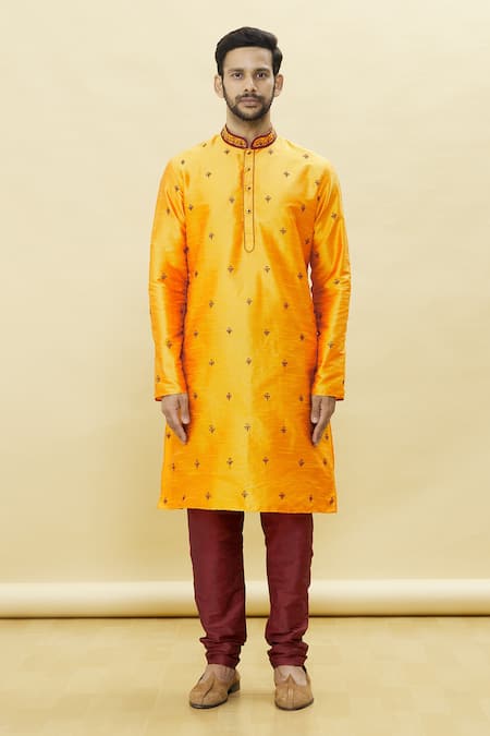 Arihant Rai Sinha_Orange Silk Metallic Thread Embroidered Kurta Set_Online_at_Aza_Fashions