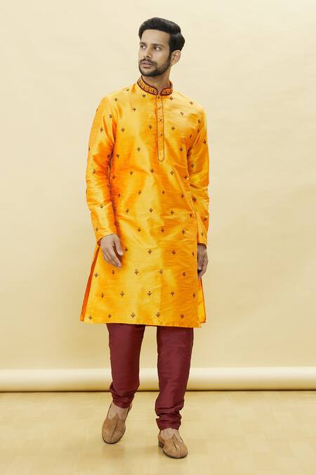 Buy_Arihant Rai Sinha_Orange Silk Metallic Thread Embroidered Kurta Set_Online_at_Aza_Fashions