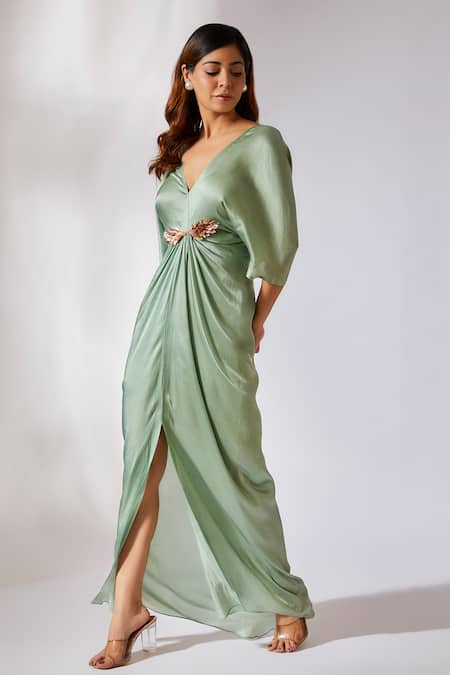 Masumi Mewawalla Green Gajji Silk Embroidered V Neck Draped Dress 