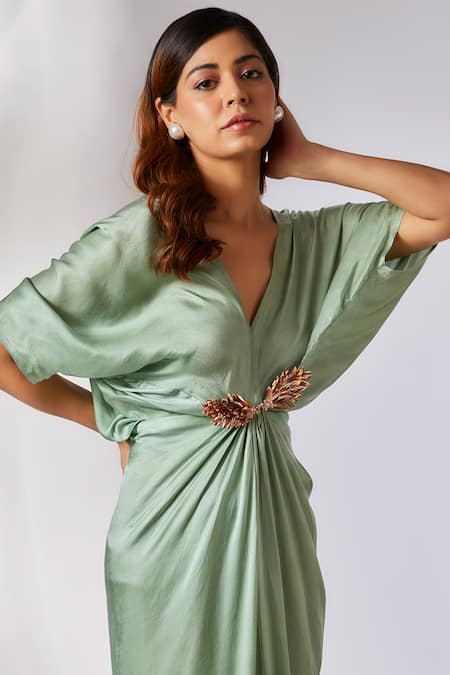 Masumi Mewawalla Green Brooches V-neck Gajji Silk Draped Embroidered Dress Online at Aza Fashions Masumi Mewawalla_Green Brooches V-neck Gajji Silk Draped Embroidered Dress _Online_at_Aza_Fashions