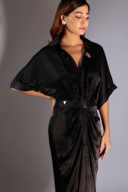 Masumi Mewawalla_Black Gabardine V-neck Embroidered Shirt Dress With Belt _Online_at_Aza_Fashions