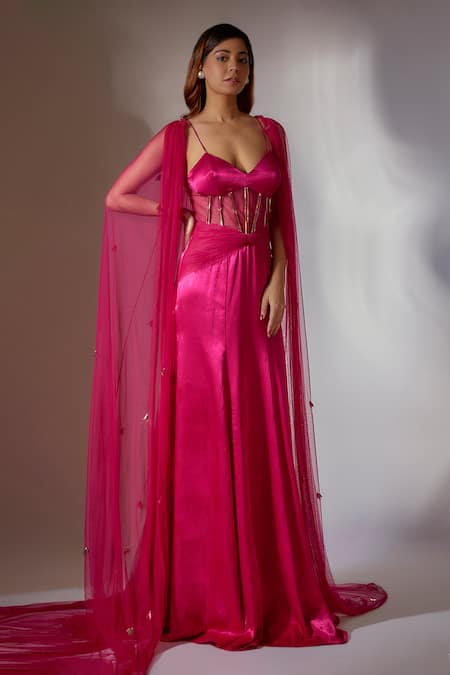 Masumi Mewawalla Pink Mashroo Silk Embroidered Sweetheart Neck Corset Gown With Cape