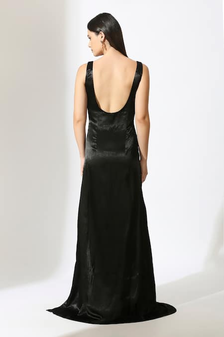 Simple A Line V Neck Black Satin Long Prom Dresses with High Split, Ch –  Shiny Party