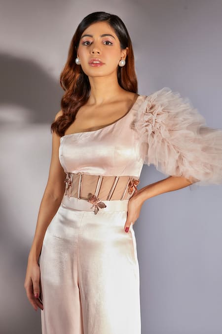 Masumi Mewawalla_Pink Net, Maheshwari Embroidery One Shoulder Corset Jumpsuit _Online_at_Aza_Fashions