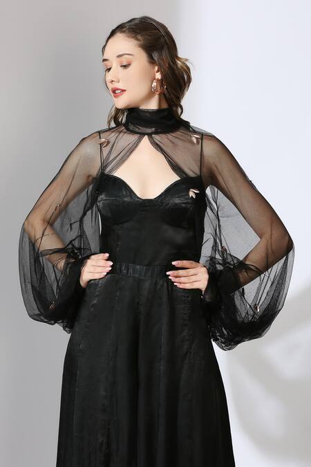 Buy_Masumi Mewawalla_Black Gabardine, Net Embroidery Sweetheart Neck Jumpsuit With Sleeves _Online_at_Aza_Fashions