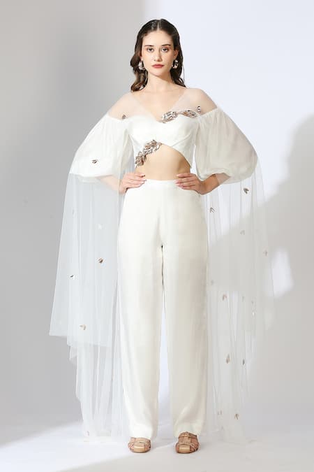 Masumi Mewawalla_White Net, Gingham, Silk Embroidery One Shoulder Top And Pant Set _Online_at_Aza_Fashions