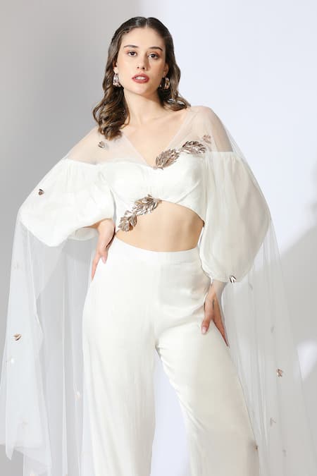 Buy_Masumi Mewawalla_White Net, Gingham, Silk Embroidery One Shoulder Top And Pant Set _Online_at_Aza_Fashions