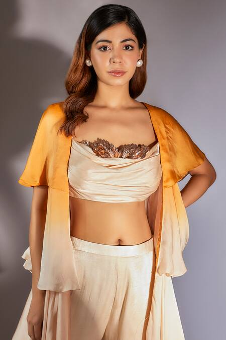 Masumi Mewawalla_Yellow Satin, Organza Brooches Open Neck, Ombre Ruffle Tiered Jacket Pant Set _Online_at_Aza_Fashions