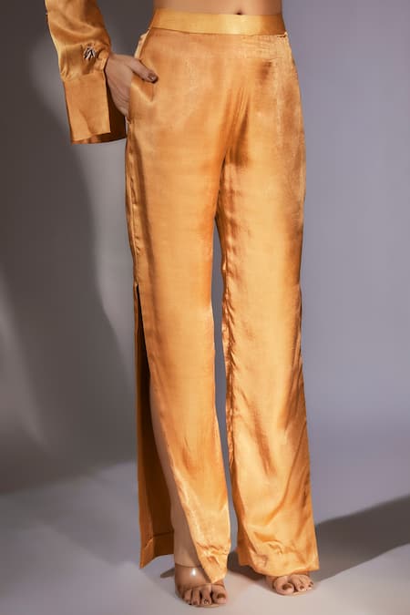 Buy_Masumi Mewawalla_Yellow Silk Embroidery Shawl Neck Shirt And Pant Set _Online_at_Aza_Fashions