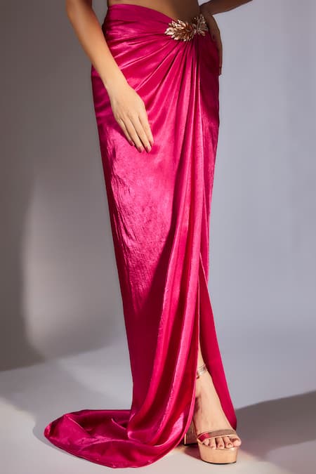 Buy_Masumi Mewawalla_Pink Maheshwari Ruffles Sweetheart Neck Top And Embroidered Draped Skirt Set _Online_at_Aza_Fashions