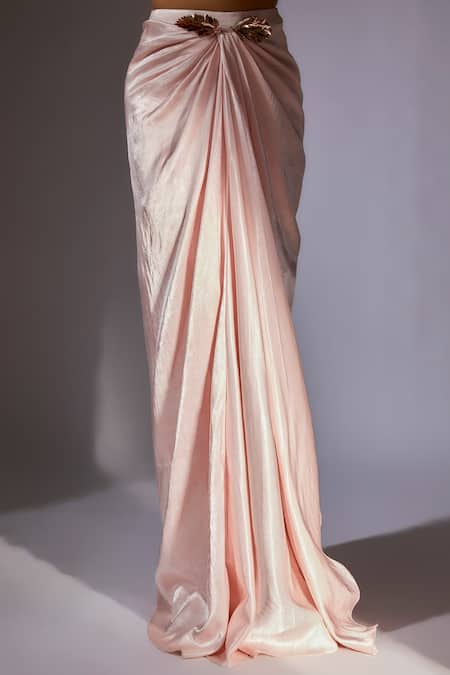 Masumi Mewawalla Pink Net, Maheshwari Embroidery V-neck Ruffle Corset Top And Draped Skirt Set Online at Aza Fashions Masumi Mewawalla_Pink Net, Maheshwari Embroidery V-neck Ruffle Corset Top And Draped Skirt Set _Online_at_Aza_Fashions