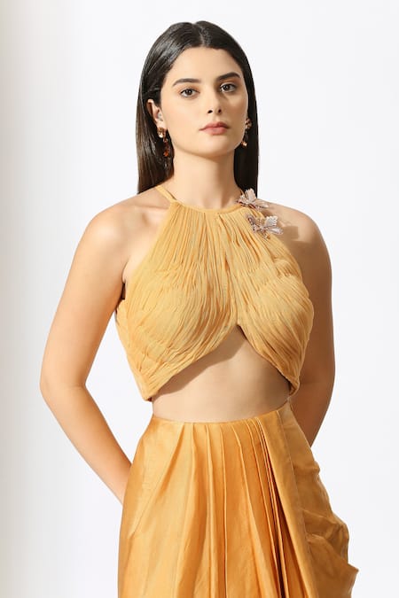 Buy Masumi Mewawalla Yellow Net, Gingham Embroidery Halter Neck Draped Pleated Skirt With Crop Top Online at Aza Fashions Buy_Masumi Mewawalla_Yellow Net, Gingham Embroidery Halter Neck Draped Pleated Skirt With Crop Top _Online_at_Aza_Fashions