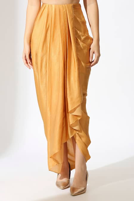 Shop Masumi Mewawalla Yellow Net, Gingham Embroidery Halter Neck Draped Pleated Skirt With Crop Top Online at Aza Fashions Shop_Masumi Mewawalla_Yellow Net, Gingham Embroidery Halter Neck Draped Pleated Skirt With Crop Top _Online_at_Aza_Fashions