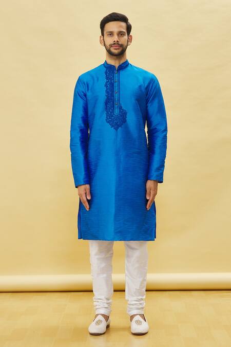 Arihant Rai Sinha_Blue Silk, Cotton Embroidery Thread Placket Kurta Set _Online_at_Aza_Fashions
