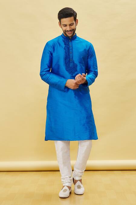 Buy_Arihant Rai Sinha_Blue Silk, Cotton Embroidery Thread Placket Kurta Set _Online_at_Aza_Fashions