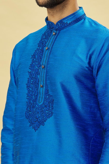 Shop_Arihant Rai Sinha_Blue Silk, Cotton Embroidery Thread Placket Kurta Set _Online_at_Aza_Fashions