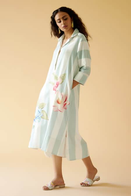 Moh India_White Cotton Satin Embroidery Collared Riverina Floral Bloom Print Shirt Dress_Online_at_Aza_Fashions