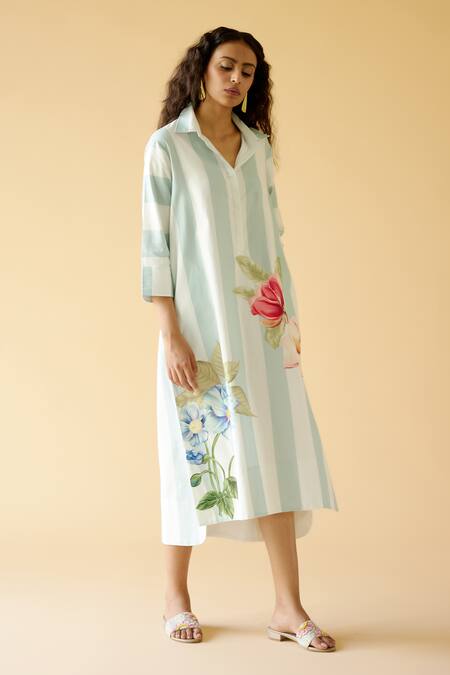 Buy_Moh India_White Cotton Satin Embroidery Collared Riverina Floral Bloom Print Shirt Dress_Online_at_Aza_Fashions