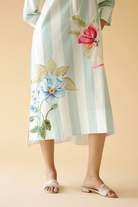 Shop_Moh India_White Cotton Satin Embroidery Collared Riverina Floral Bloom Print Shirt Dress_Online_at_Aza_Fashions