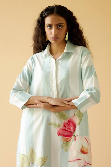 Moh India_White Cotton Satin Embroidery Collared Riverina Floral Bloom Print Shirt Dress_at_Aza_Fashions