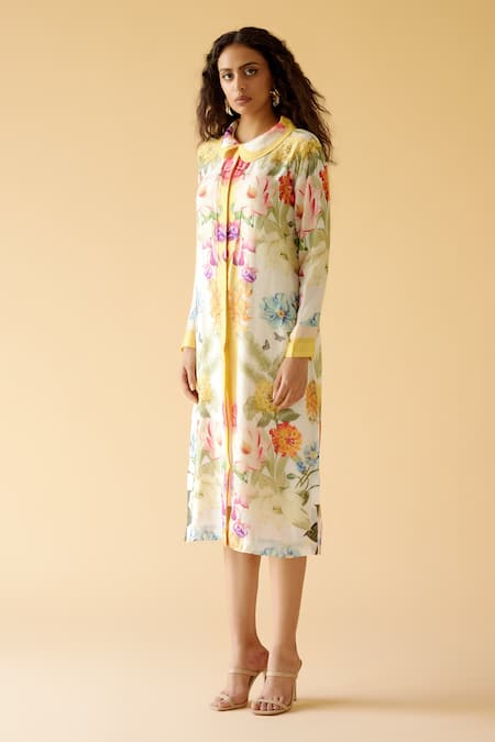 Moh India_White Muslin, Silk Collared Floral Bloom Print Dress_Online_at_Aza_Fashions