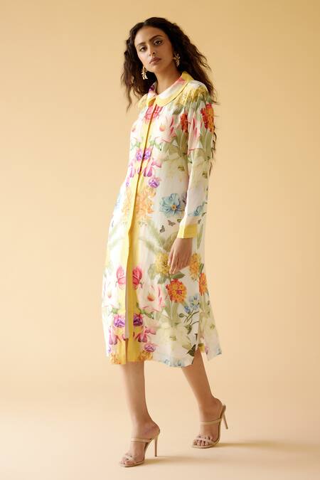 Shop_Moh India_White Muslin, Silk Collared Floral Bloom Print Dress_Online_at_Aza_Fashions