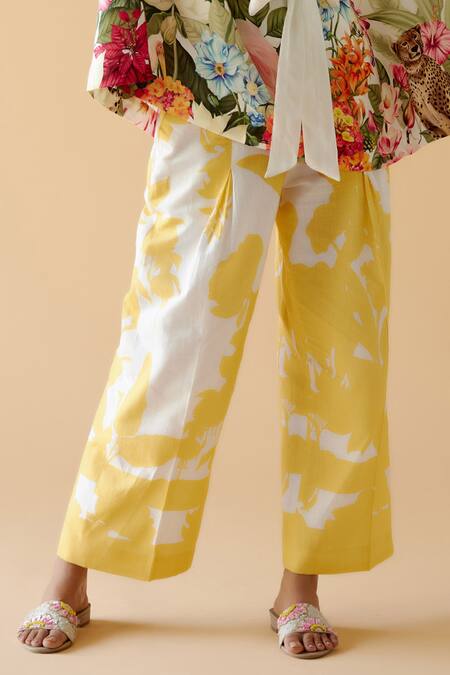 Moh India White Pure Linen Print Floral Mandarin Collar Leopard Kurta Set Online at Aza Fashions Moh India_White Pure Linen Print Floral Mandarin Collar Leopard Kurta Set_Online_at_Aza_Fashions