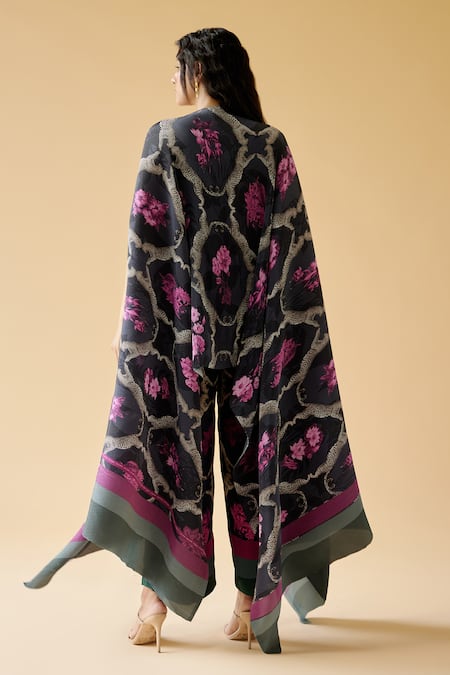 Shop Moh India Blue Crepe, Satin Embroidery Boat Neck Midnight Dahlia Kaftan With Pant at Aza Fashions Shop_Moh India_Blue Crepe, Satin Embroidery Boat Neck Midnight Dahlia Kaftan With Pant_at_Aza_Fashions