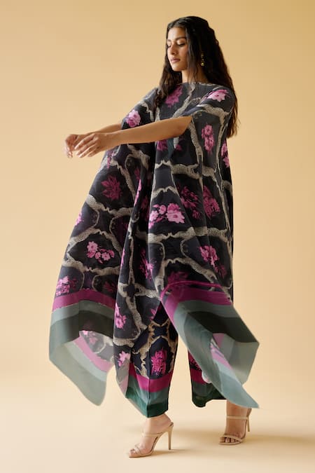 Moh India Blue Crepe, Satin Embroidery Boat Neck Midnight Dahlia Kaftan With Pant Online at Aza Fashions Moh India_Blue Crepe, Satin Embroidery Boat Neck Midnight Dahlia Kaftan With Pant_Online_at_Aza_Fashions