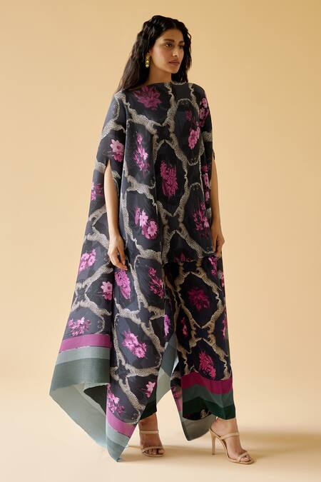 Buy Moh India Blue Crepe, Satin Embroidery Boat Neck Midnight Dahlia Kaftan With Pant Online at Aza Fashions Buy_Moh India_Blue Crepe, Satin Embroidery Boat Neck Midnight Dahlia Kaftan With Pant_Online_at_Aza_Fashions