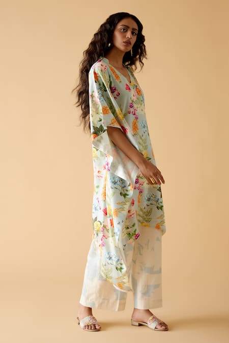 Moh India_Multi Color Bemberg Twill Cotton Satin Print Summer Garden Kurta With Pant_Online_at_Aza_Fashions