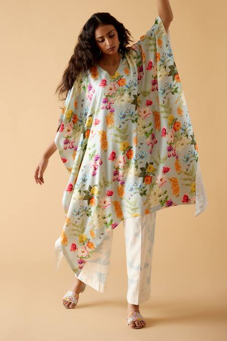Buy_Moh India_Multi Color Bemberg Twill Cotton Satin Print Summer Garden Kurta With Pant_Online_at_Aza_Fashions