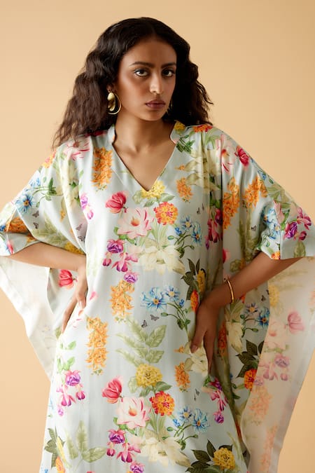 Shop_Moh India_Multi Color Bemberg Twill Cotton Satin Print Summer Garden Kurta With Pant_Online_at_Aza_Fashions
