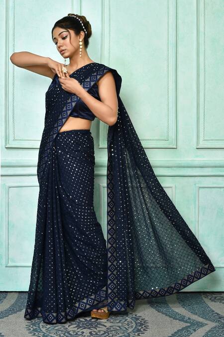 Buy_Samyukta Singhania_Blue Georgette Sequin, Thread And Work Saree With Running Blouse_Online_at_Aza_Fashions