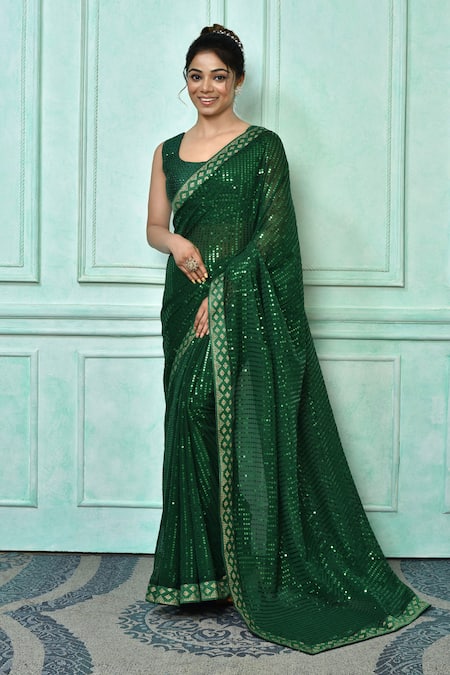 Buy Green Saree Georgette Embroidered Sequins For Women by