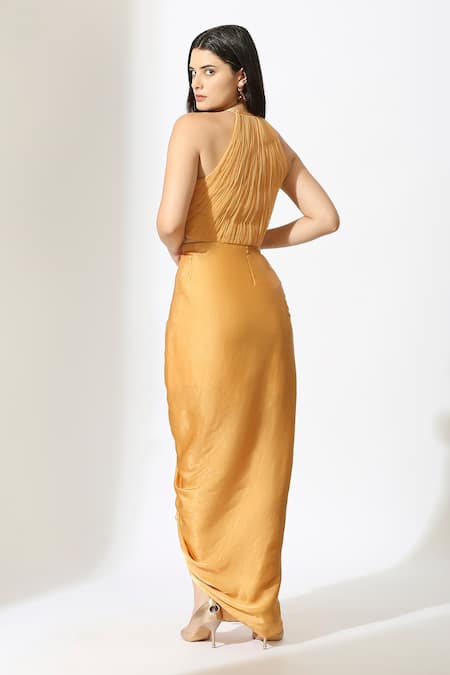 Masumi Mewawalla Yellow Net, Gingham Embroidery Halter Neck Draped Pleated Skirt With Crop Top Online at Aza Fashions Masumi Mewawalla_Yellow Net, Gingham Embroidery Halter Neck Draped Pleated Skirt With Crop Top _Online_at_Aza_Fashions