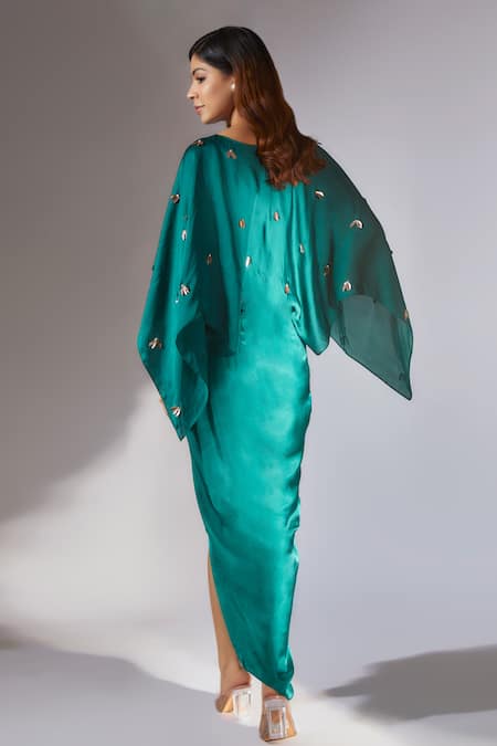 Masumi Mewawalla Green Satin Embroidery Boat Neck Draped Dress Online at Aza Fashions Masumi Mewawalla_Green Satin Embroidery Boat Neck Draped Dress _Online_at_Aza_Fashions
