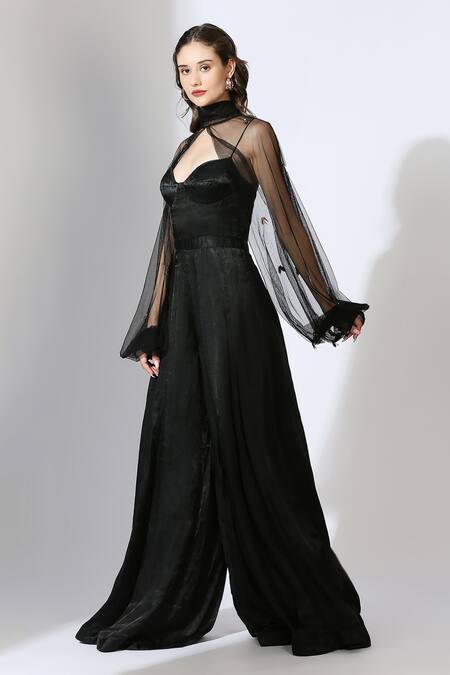 Masumi Mewawalla_Black Gabardine, Net Embroidery Sweetheart Neck Jumpsuit With Sleeves _Online_at_Aza_Fashions