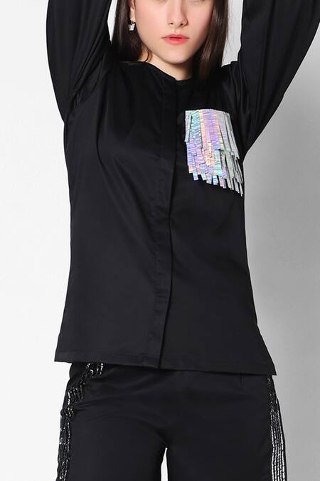 16stitches_Black Egyption Cotton Placement Embellished Fringe Patch Pocket Top With Shorts_Online_at_Aza_Fashions