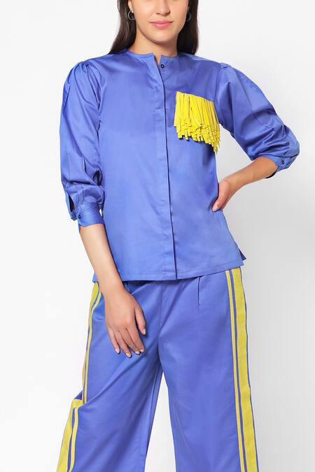 16stitches_Blue Egyption Cotton Placement Hand Embroidery Fringe Round Shirt With Pant_Online_at_Aza_Fashions